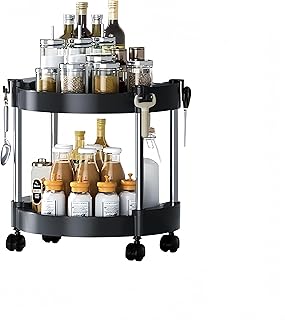 Asueilc Spice Rack Rotating, Organiser with Pulley, 2 Tier Kitchen Organiser, Multifunctional Kitchen Shelf, Spice Organiser, 360° Rotating Spice Rack for Kitchen storage & Organisation
