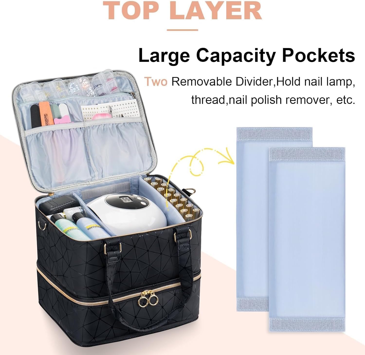 Neceser de gran capacidad y maletín de maquillaje, organizador de cosméticos, organizador de esmalte de uñas, multifuncional, 3 niveles para diseño de uñas, accesorios de diseño de uñas, material de