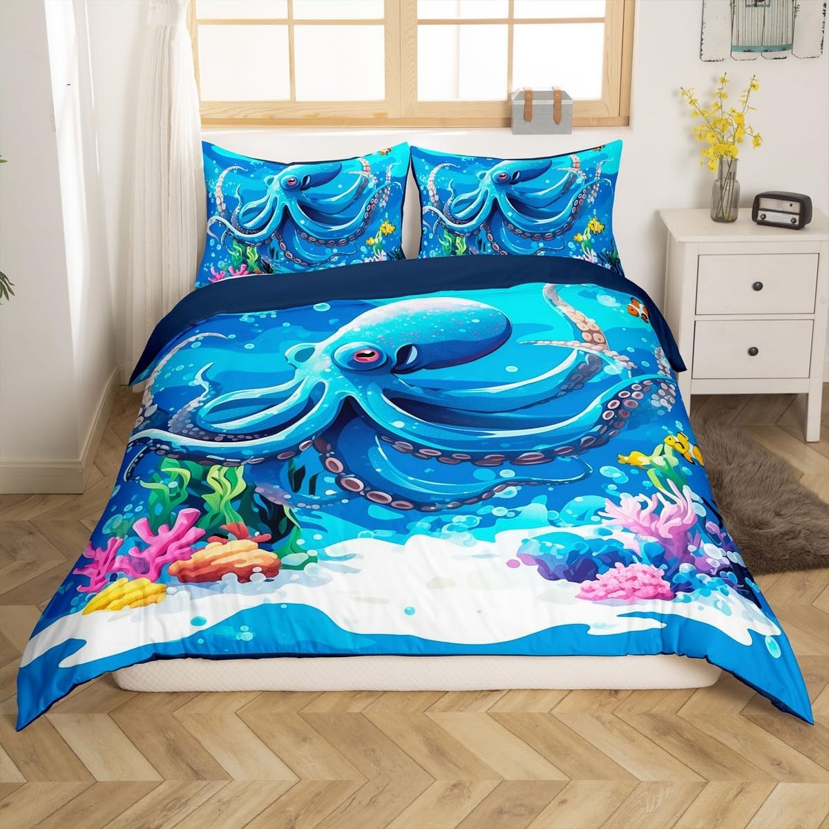 jejeloiu Cartoon Octopus Duvet Cover for Kids Boys Girls Toddler Size Underwater World Bedding Set Ultra Soft Tentacles Comforter Cover Set Sealife Sea Animal Bedspread Cover Room Decor,No Comforter