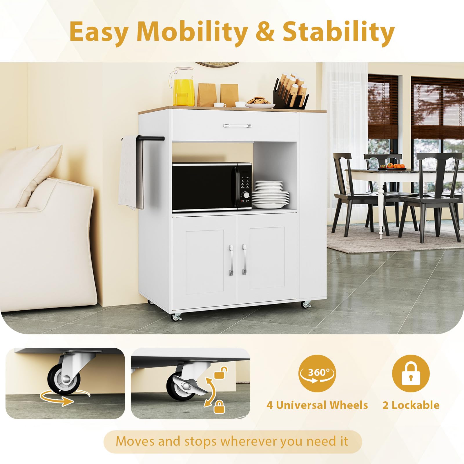 FANTASK Mobiler Küchenwagen mit USB-Ladestation, Servierwagen, 75x46x90,5 cm Weiß