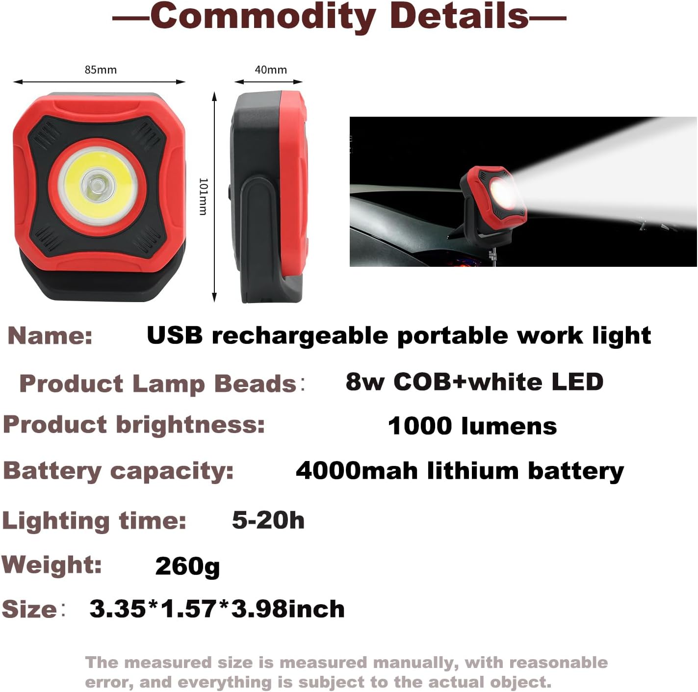 2PCS Rechargeable Work Light with 4 Modes,1200LM Portable COB Magnetic Light,4000mAh Recharge Spotlight and Floodlight,150° Rotate IP65 Waterproof for Car Repair and Camping (2)