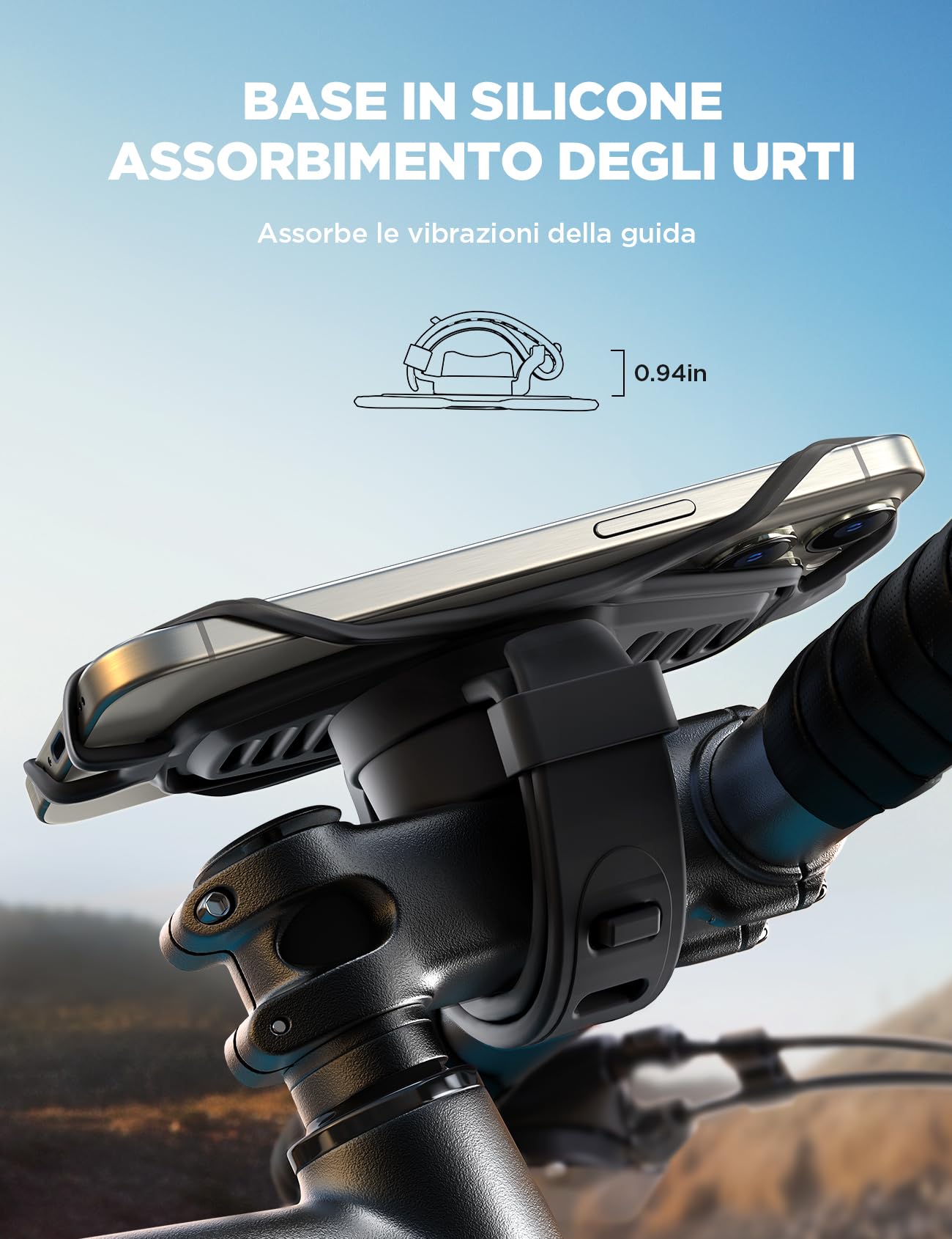 JOYROOM Porta Cellulare Bici con Assorbimento degli Urti in Silicone, Supporto Telefono Moto 360° per iPhone 15 14 13 Samsung 4.0-7.2 Pollici