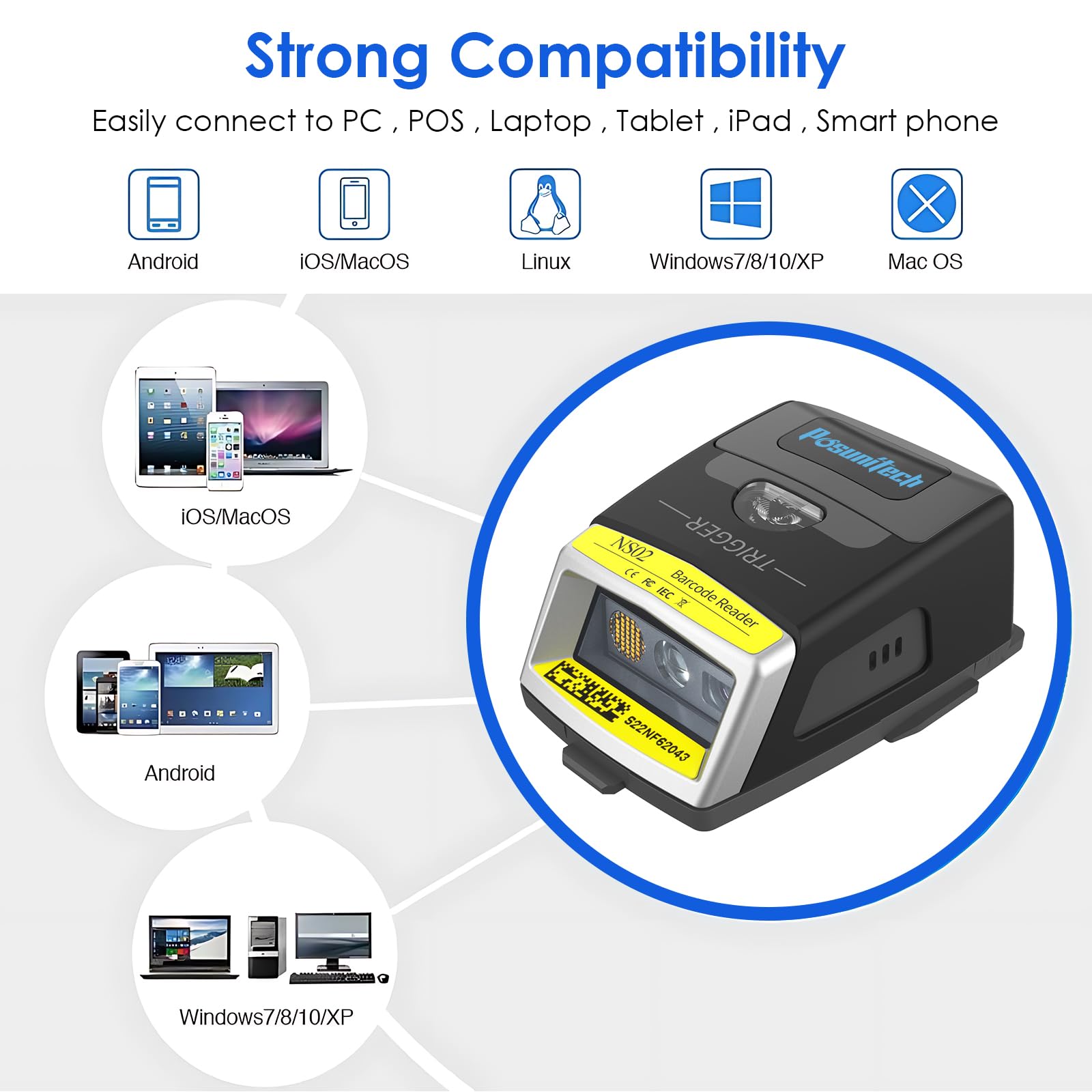 Wearable 2D-Barcode-Scanner NS02, kabelloser Bluetooth-QR-Code-Scanner, Schutzklasse IP65, geeignet für Logistiklager, Einkaufszentren, Bibliotheken, Einzelhandel und andere Szenarien.