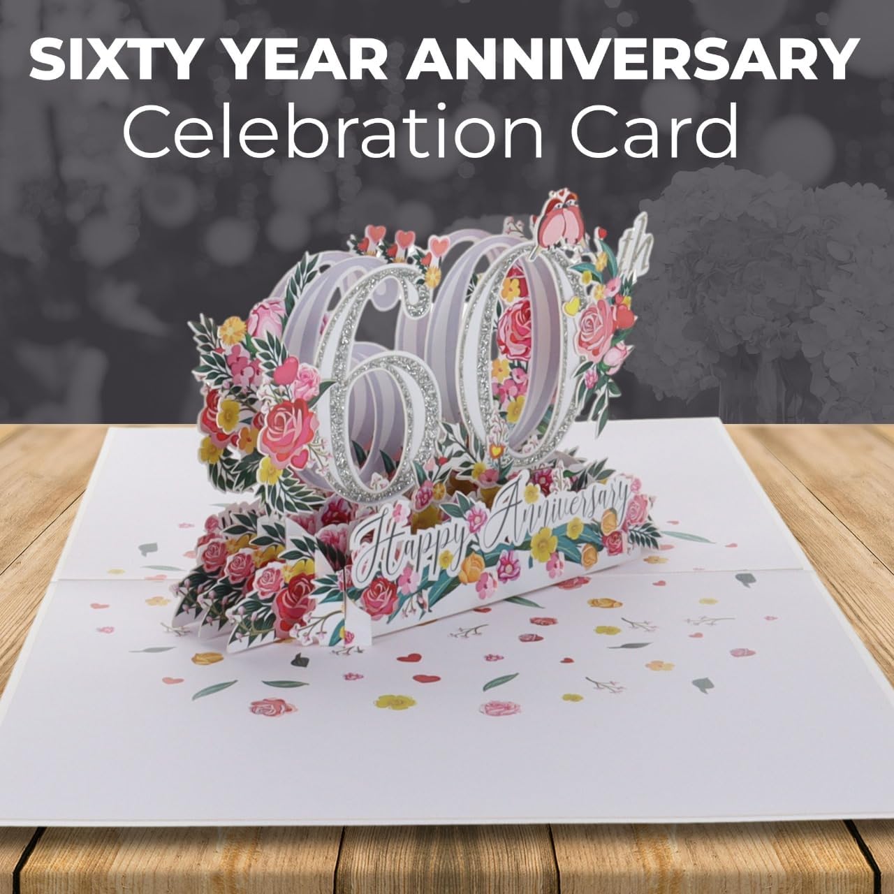 iGifts And Cards 60th Wedding Anniversary Pop Up Card – Diamond Jubilee 3D Greeting with Roses & Lovebirds – Luxury Keepsake for Parents, Grandparents, Couples, Enduring Love Gift – 6 x 8 Inches