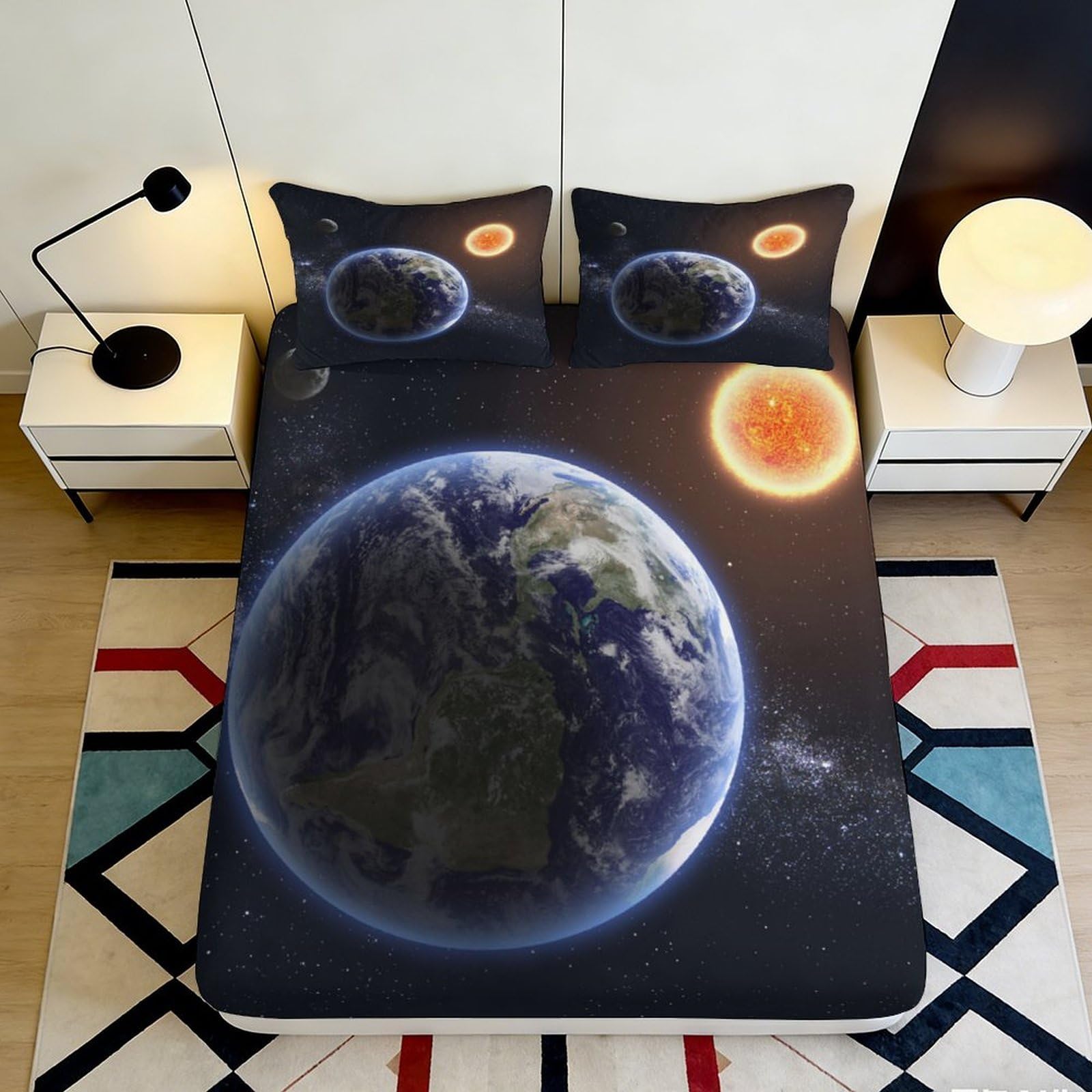 3D Printed Solar System Fitted Sheet Microfiber Non-Slip Planet Earth Mattress Cover for Bedroom Dorm Decor, Machine Washable 90x200x25cm