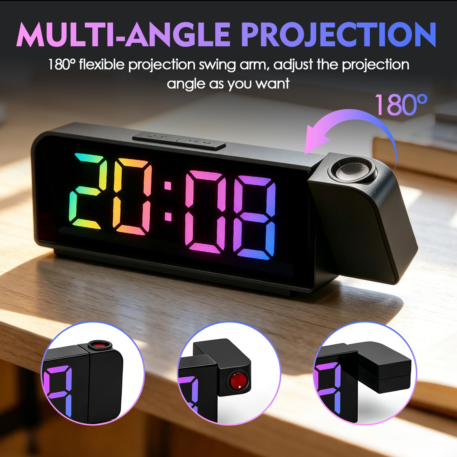 Reloj Despertador Digital con Proyector 180° RGB, 7" Pantalla LED, Temperatura y Fecha, USB Carga, Brillo Ajustable 12/24H