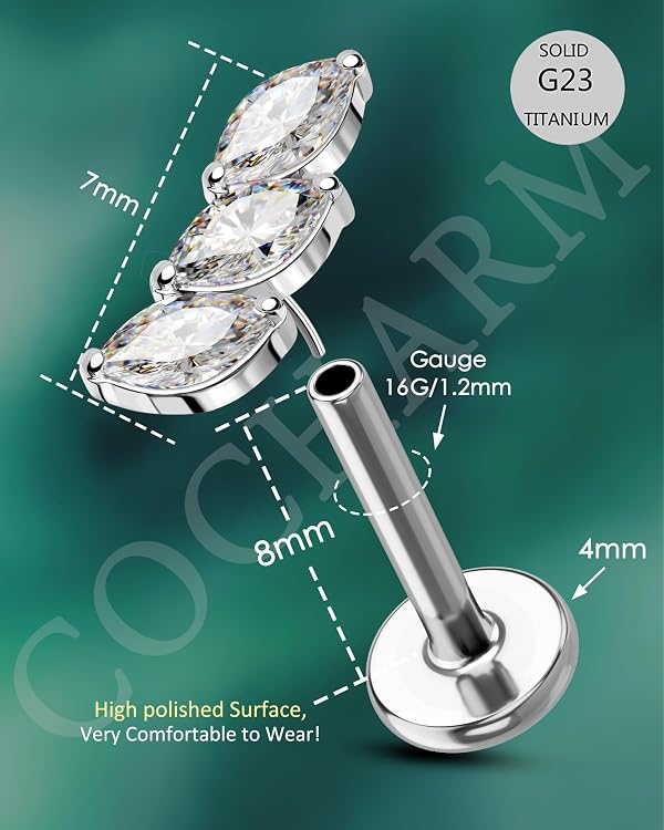COCHARM Surgical Steel 16g Threadless Helix Piercing Jewelry Leaf Flat Back Cartilage Conch Earring Stud Titanium Push Pin Earring Silver 8MM by COCHARM - Used condition - Image 3