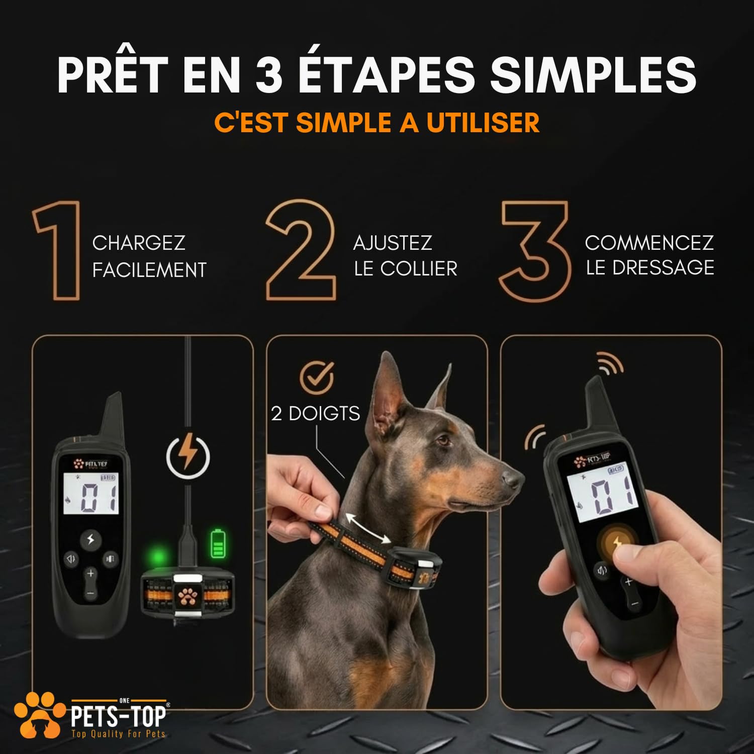 One PETS-TOP Collier De Dressage pour Chien, Portée de 3000m, Mode Vibration, Son, Choc Statique de 0 à 99, IPX67 Résistant à L’Eau, Petit et Gros Chien, Anti-aboiement