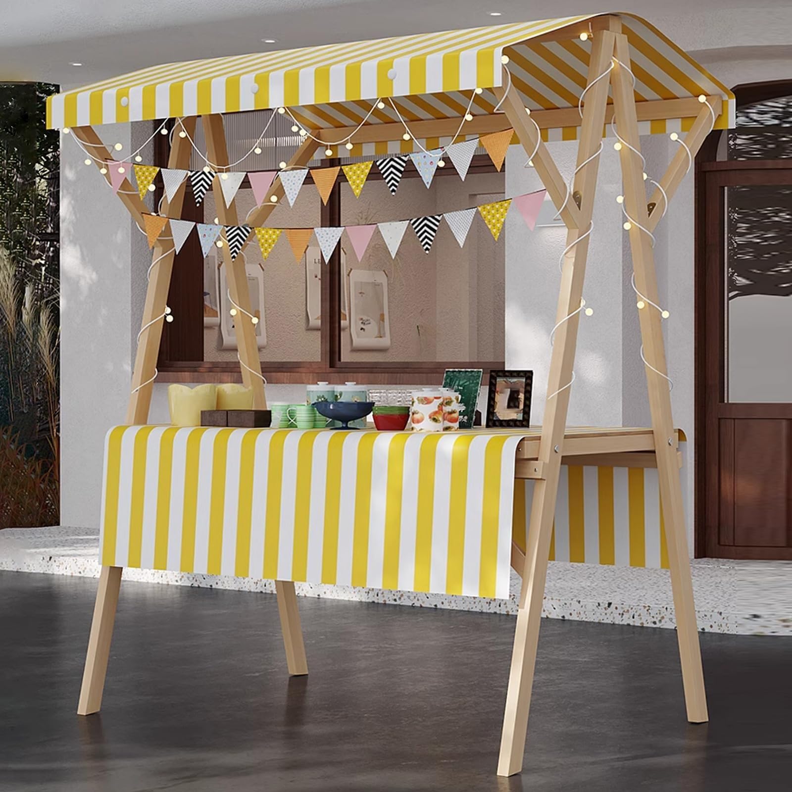 Stand de marché 150 cm Sune chariot de restauration en bois avec auvent présentoir fêtes