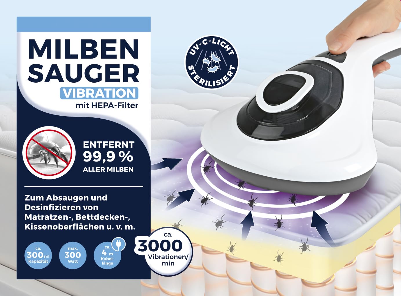 Milbensauger mit UV-C-Licht & HEPA-Filter – 300W Vibrations-Sauger entfernt 99,9% Aller Milben – Matratzensauger gegen Allergene – Tiefenreinigung für Matratzen, Kissen & Bettdecken