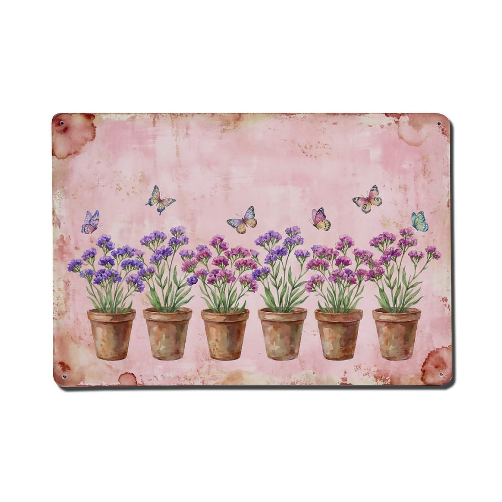 Vintage Rustic Flower Potted Plants Statice Metal Tin Sign