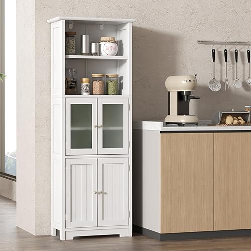 Miniatura 8 de COSTWAY Armario alto de almacenamiento para baño, armario de despensa de cocina independiente con puertas de vidrio y estante ajustable, gabinete de
