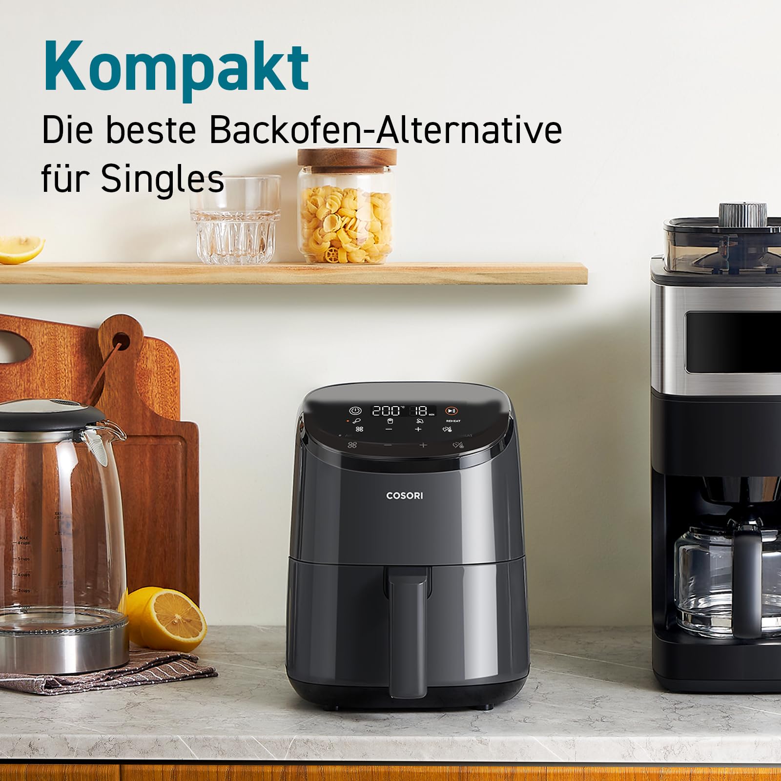 COSORI Heißluftfritteuse klein 2L, Mini-Airfryer für 1 Person, ideal für Camping, Reisen und Wohnmobile, schnell, kompakt, ohne Öl, energiesparend, Helles Schwarz, Dunkelgrau