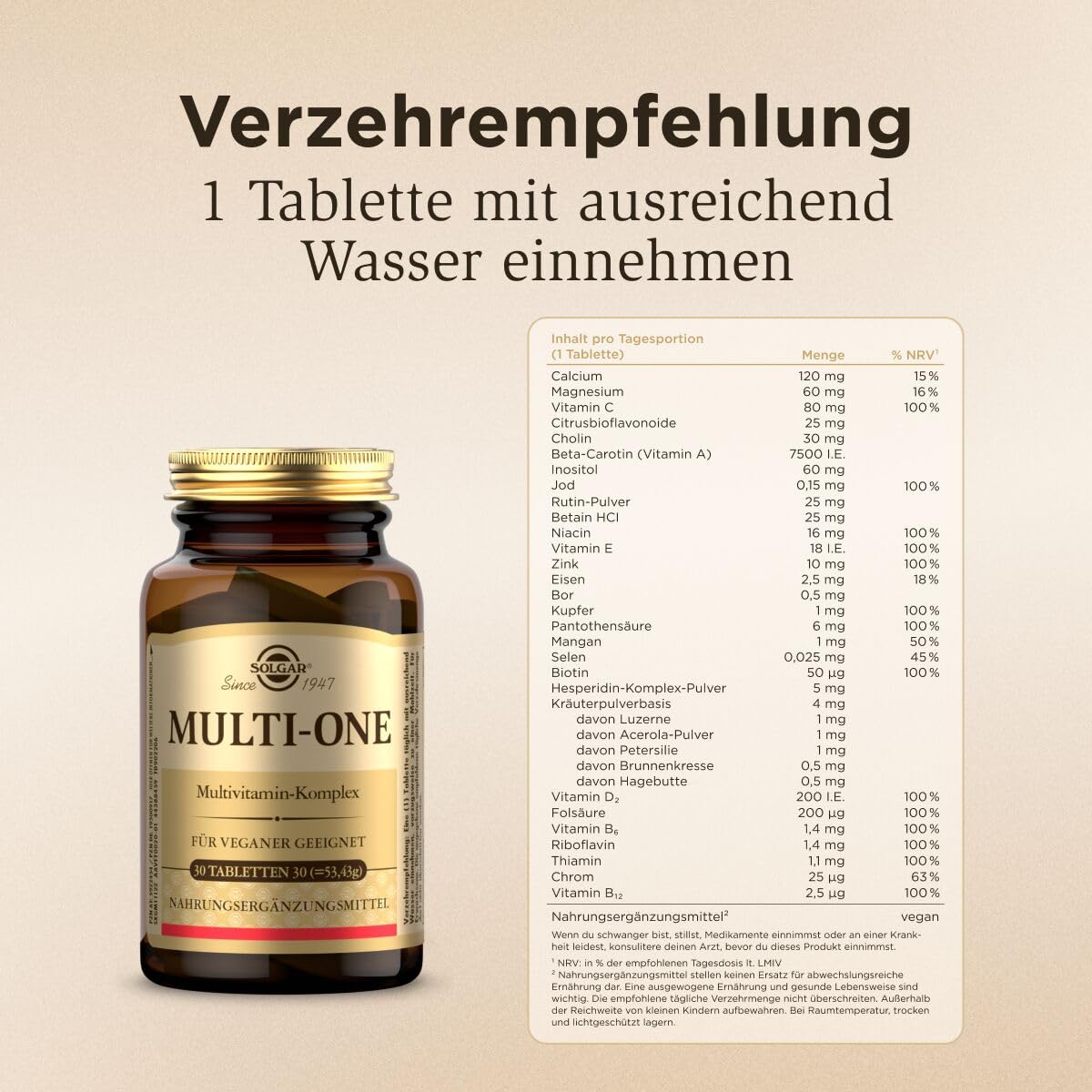 SOLGAR® Multi-one Multivitamin-Komplex - über 30 Mikronährstoffen - enthält 13 essenziellen Vitamine - mit Acerola, Hagebutte und Brunnenkresse - 30 Tage Vorrat