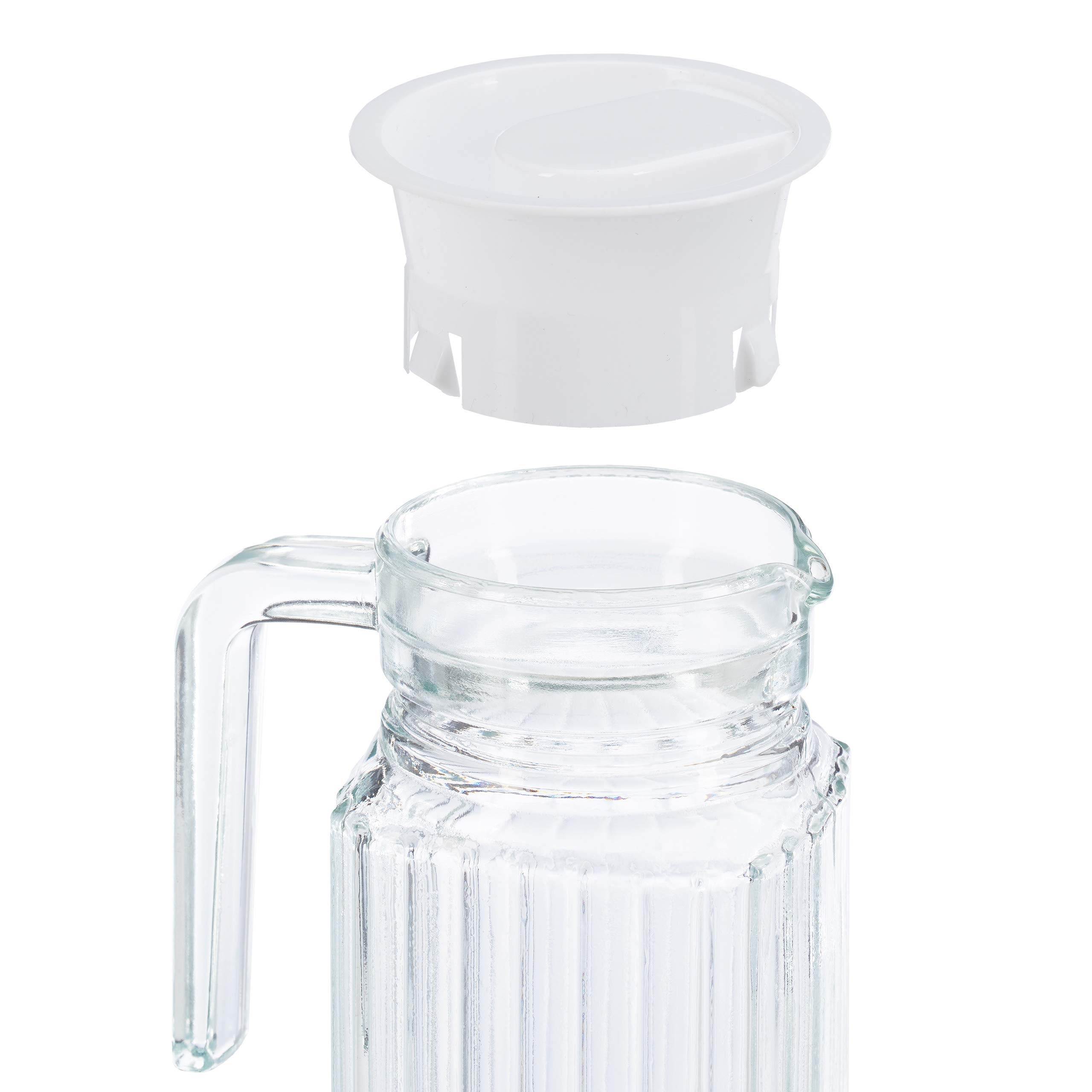 2x Carafe avec couvercle, cruche 1 litre, pichet en verre, jus, thé glacé, avec anse, filtre, transparent | Pichet lavable au lave-vaisselle, carafe à eau, couvercle, forme étroite