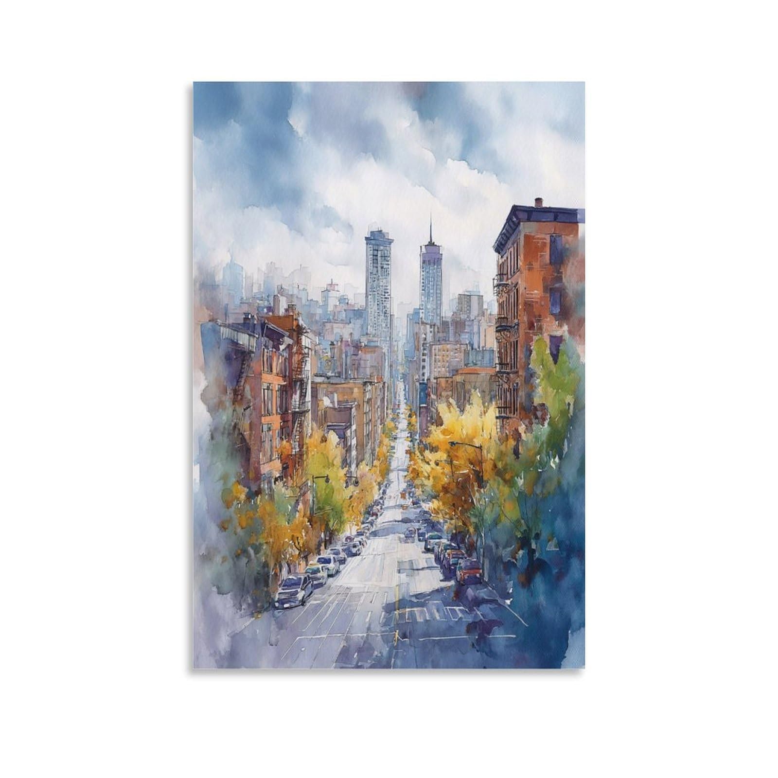LCYNNH Brooklyn Watercolor Painting New York Cityscape 12x18inch(30x45cm) Print Home Bedroom Office Living Room Decor Canvas