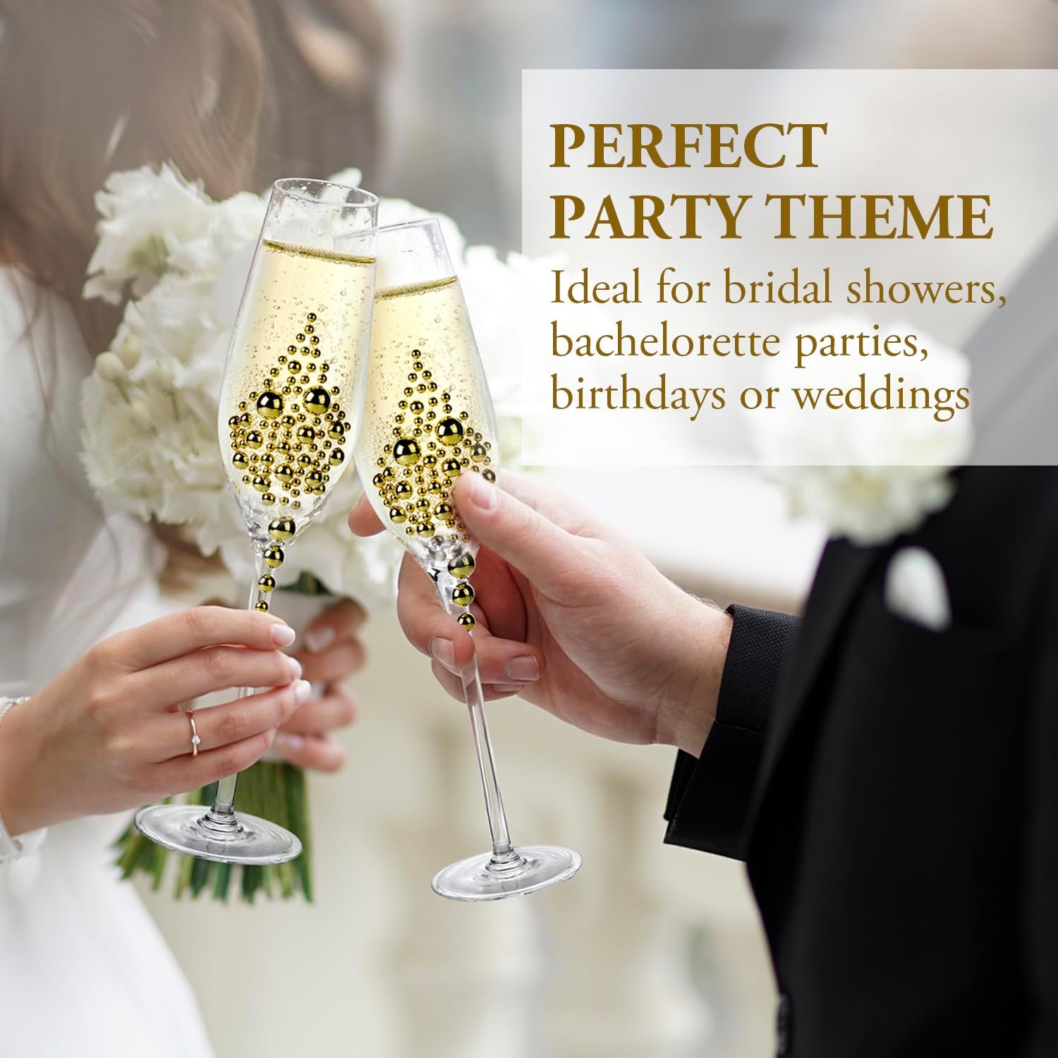 MyGift Champagne Flutes 6 oz, Clear Glass Stemmed Toasting Glasses with Faux Gold Pearls – Wedding, Bridal Shower & Bachelorette Party Glassware Set of 4 - Image 3