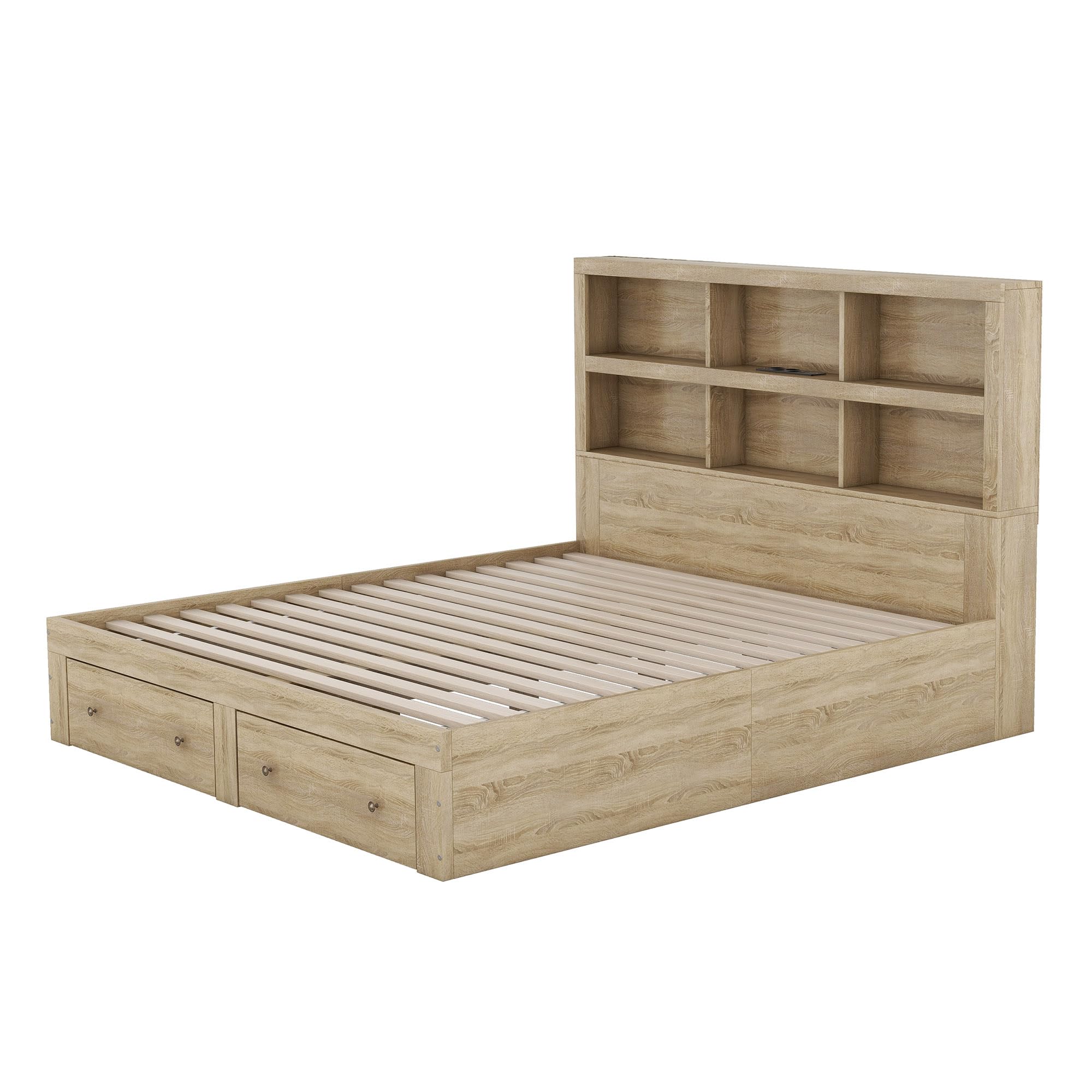 Letto Matrimoniale in Legno Massello 160 x 200 cm con Due Cassetti, Testiera con Vano Portaoggetti e Porta di Ricarica USB (Naturale)