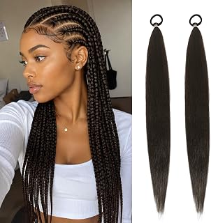 4# Brown Braid Ponytail Extensions 26 Inch Yaki Straight | 2 Packs Long Braided Ponytail Extension,50g/pack,Straight Sleek Wrap Around Braid Hair Extensions Ponytail