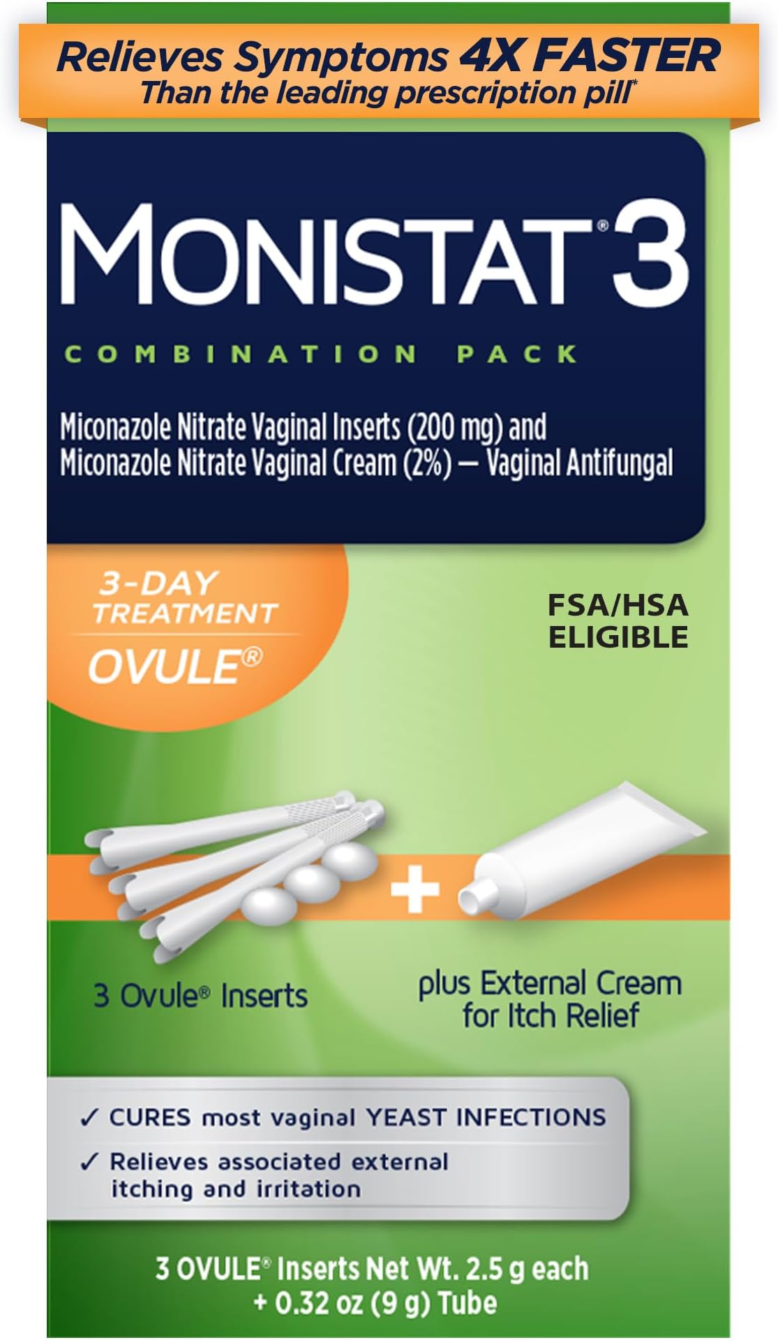 Monistat 3 Day Yeast Infection Treatment for Women, 3 Miconazole Ovule Inserts and External Monistat Anti-Itch Cream Bundle