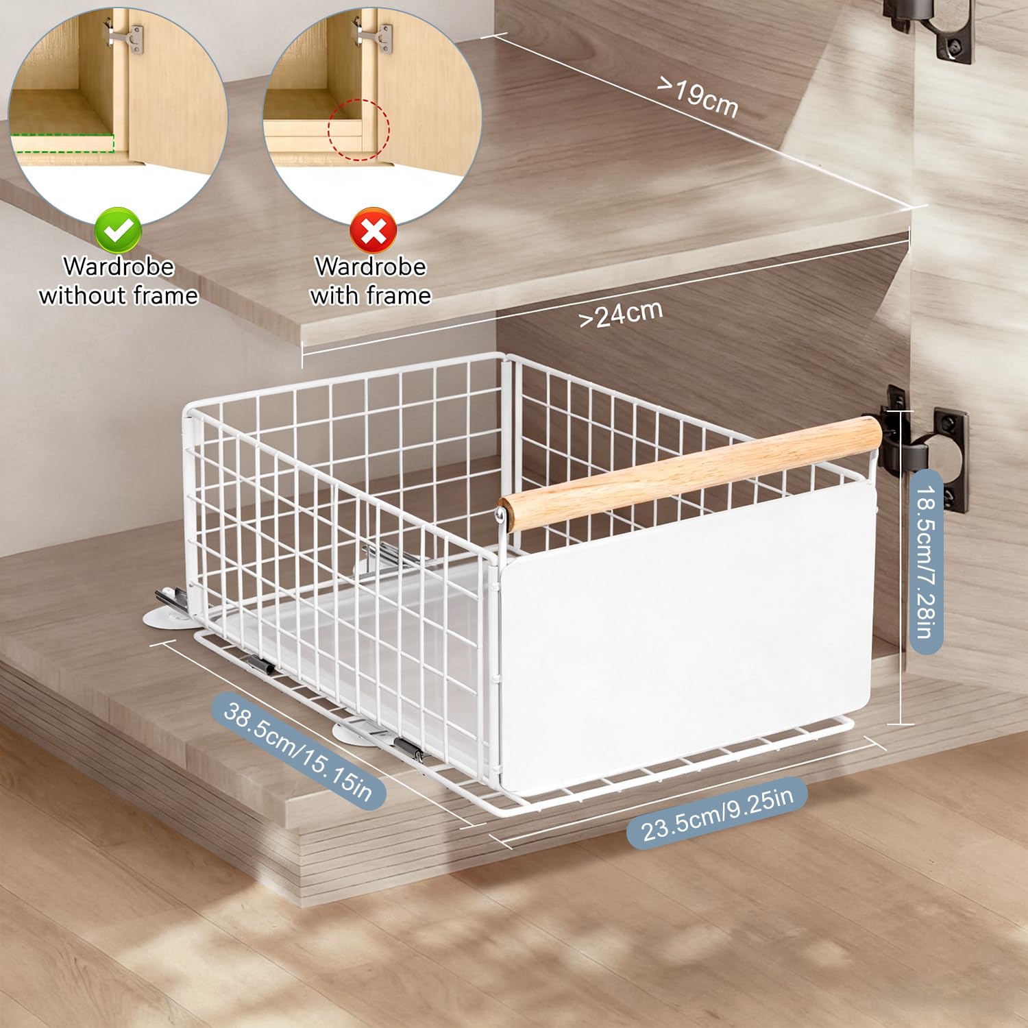 Cassetto estraibile per cucina, 2 pezzi, sistema di cassetti Telescop con estrazione, senza foratura, fino a 25 kg, organizer per cassetti per armadi profondi, bianco, 39,5 x 23,5 x 19/11 cm
