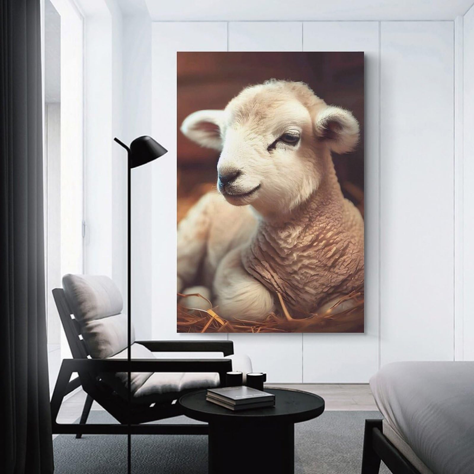 Junmoney Cute Lamb in Hay Canvas Wall Picture 24x36inch(60x90cm), for Living Spaces, Bedrooms Or Relaxed Rooms, Modern Wall Decor for Cosy Interiors