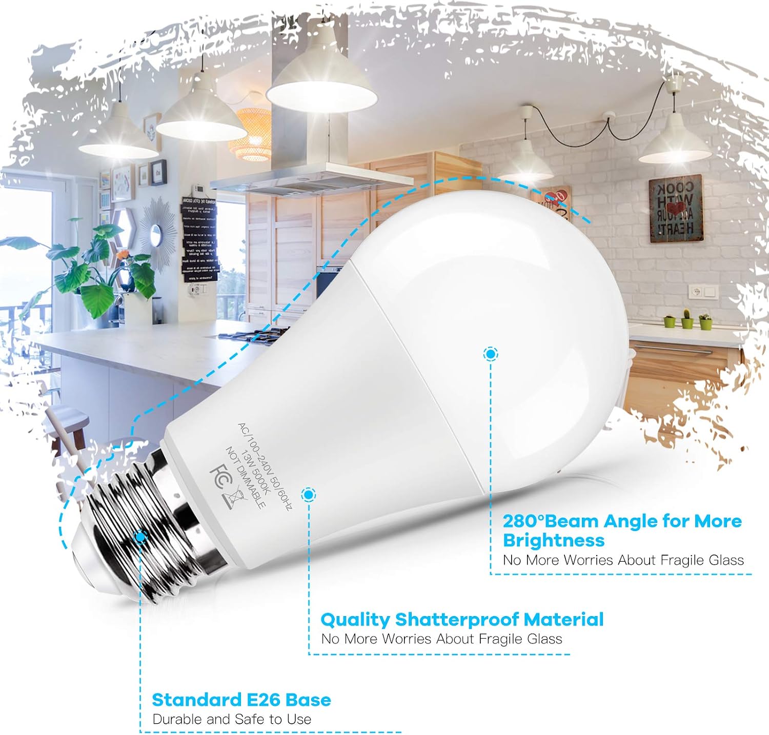 LED Light Bulbs 100W Equivalent 1500 Lumens, A19 13W 5000K Daylight White Non-Dimmable, Super Bright No Flicker Standard E26 Edison Screw Bulbs for Home, Bedroom, Office Lamp, 12-Pack
