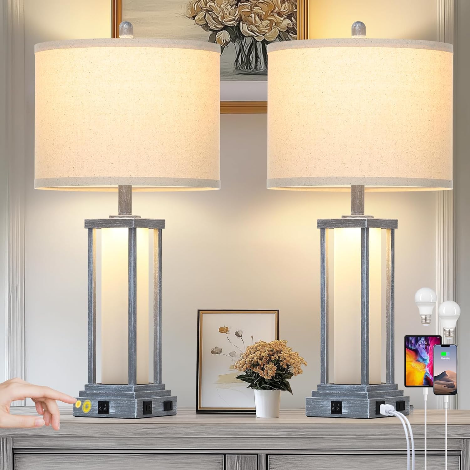 27" Tall Vintage Table Lamp Set of 2 with USB C+A & Outlet,Black Industrial End Table Lamp for Living Room,Farmhouse Rustic Bedside Lamps with Frosted Glass Night Light for Bedroom Nightstand,Black