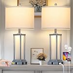 27" Ensemble de lampes de table Tall Vintage 2 avec USB C+A & Outlet,Black Industrial End Lampe de Table pour Salon,Farmhouse Rustic Lampes de chevet avec verre givré lumière de nuit pour la table de nuit de chambre,Noir