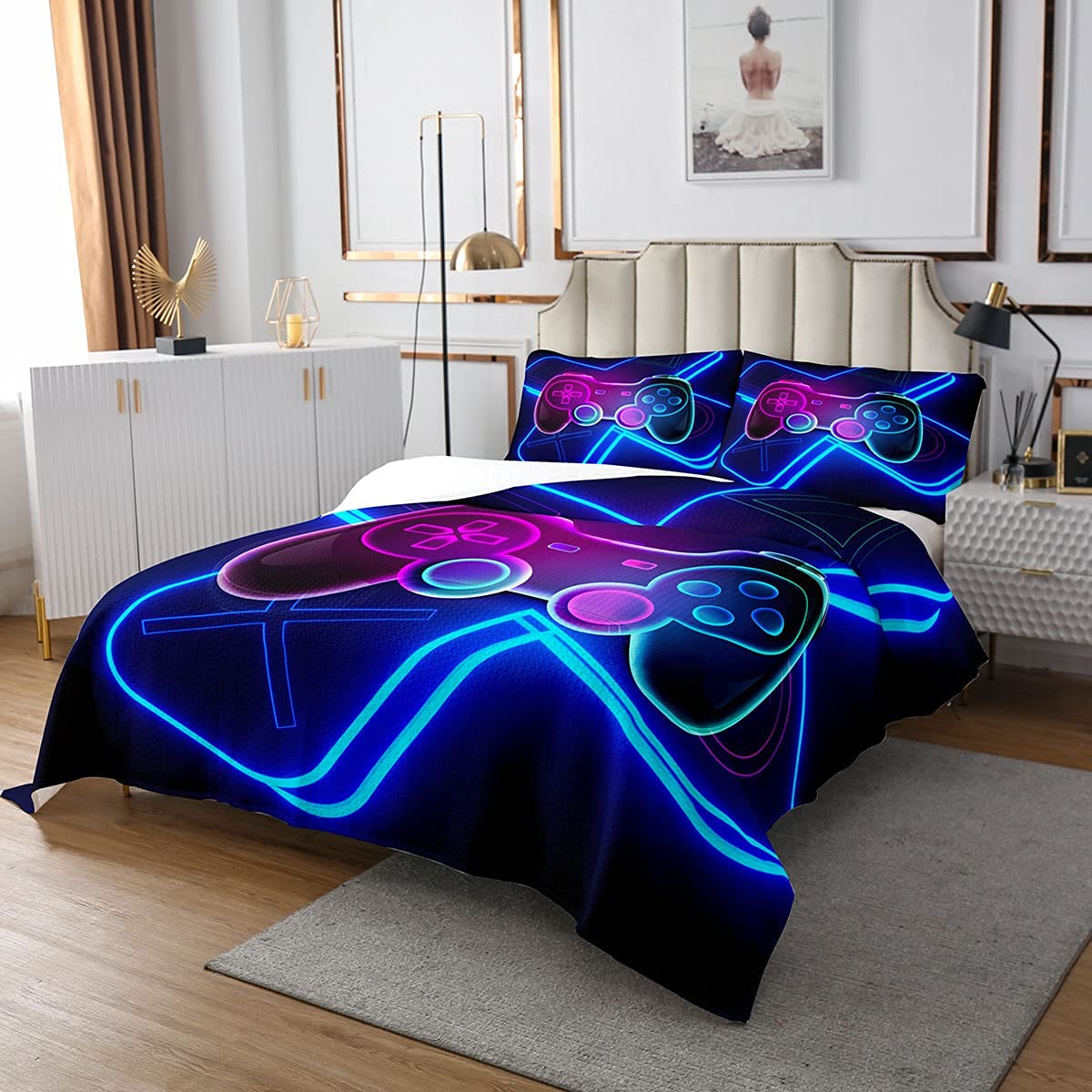 Tbrand Gamepad Bettüberwurf Teenager Gamer Steppdecke für Jungen Videospiel Deko Tagesdecke 170 x 210 cm Bunt Modern Game Controller 2 Stück Reißverschluss