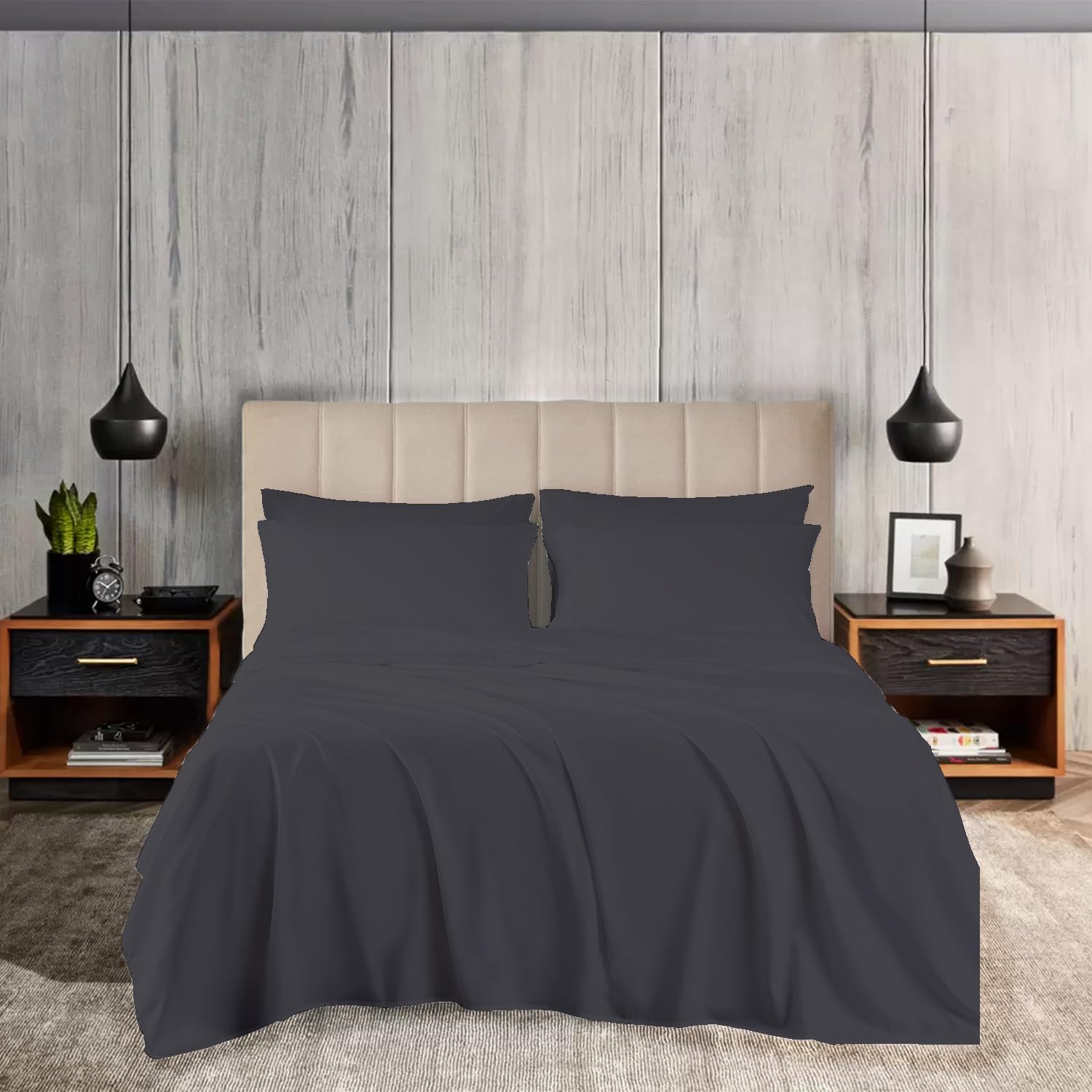 Parure de lit 4 pièces en coton égyptien 800 fils drap gris foncé chic