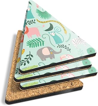 4 x Triangle Coasters - Cute Jungle Animals Pattern Lion Monkey Cork Backed MDF Glossy Tea Coffee Accessory #44784