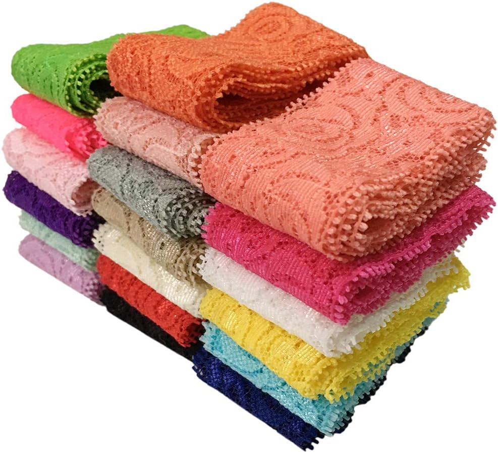 Gnognauq 19 Colors Tulle Elastic Stretch Lace Trim Floral Pattern Lace Ribbon for Garment,Crafts and Gift Wrapping (1.57 inches Wide, 19 Yards)