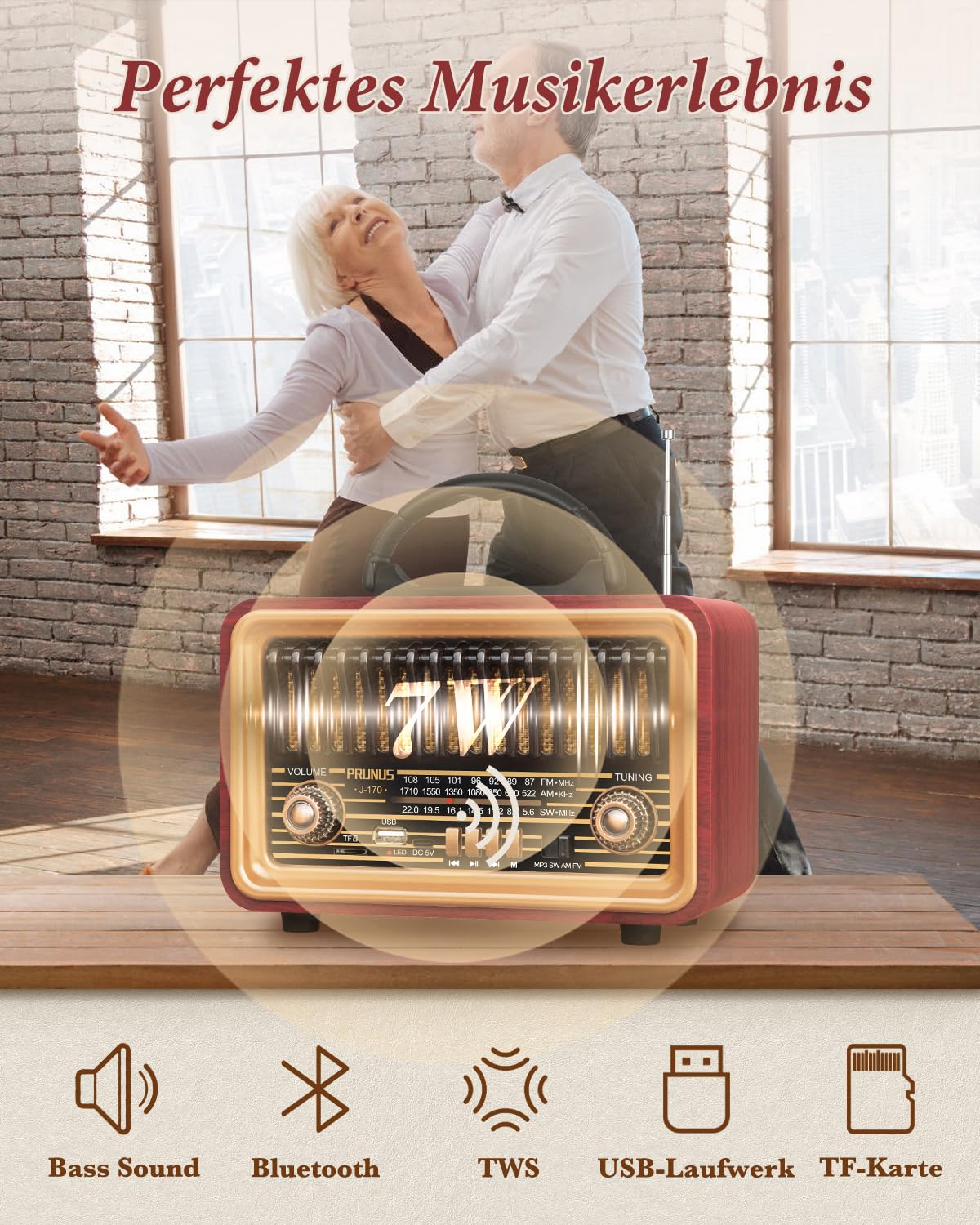 PRUNUS J-170 Bluetooth Radio Retro AM/FM/SW, Nostalgie Radio Klein mit 1800mAh Akku, Kofferradio Küchenradio mit lauter Sound, Unterstützt USB/TF/TWS Pairing, Einfaches Radios für Senioren.