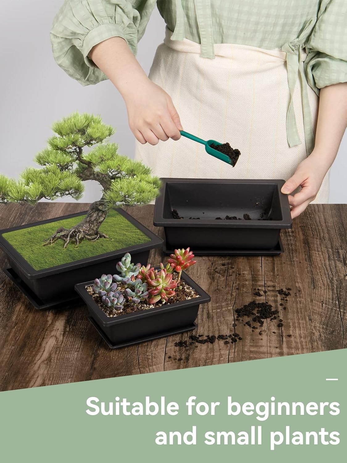PAMASE 8 Packs Bonsai Training Pot with Humidity Tray - 6.5in & 9in Training Nursery Pots Kit, Plastic Plants Growing Planter with Drainage Tray, Indoor Succulents Decor Garden
