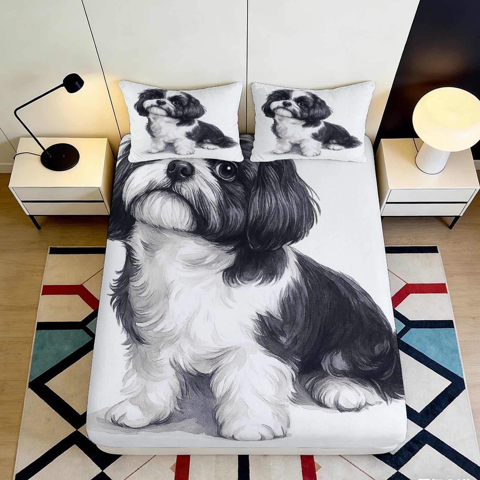 3D Printed Black White Shih Tzu Fitted Sheet Microfiber Soft Breathable Dog Portrait Bed Cover for Bedroom Guest Room Decor 140x200x25cm