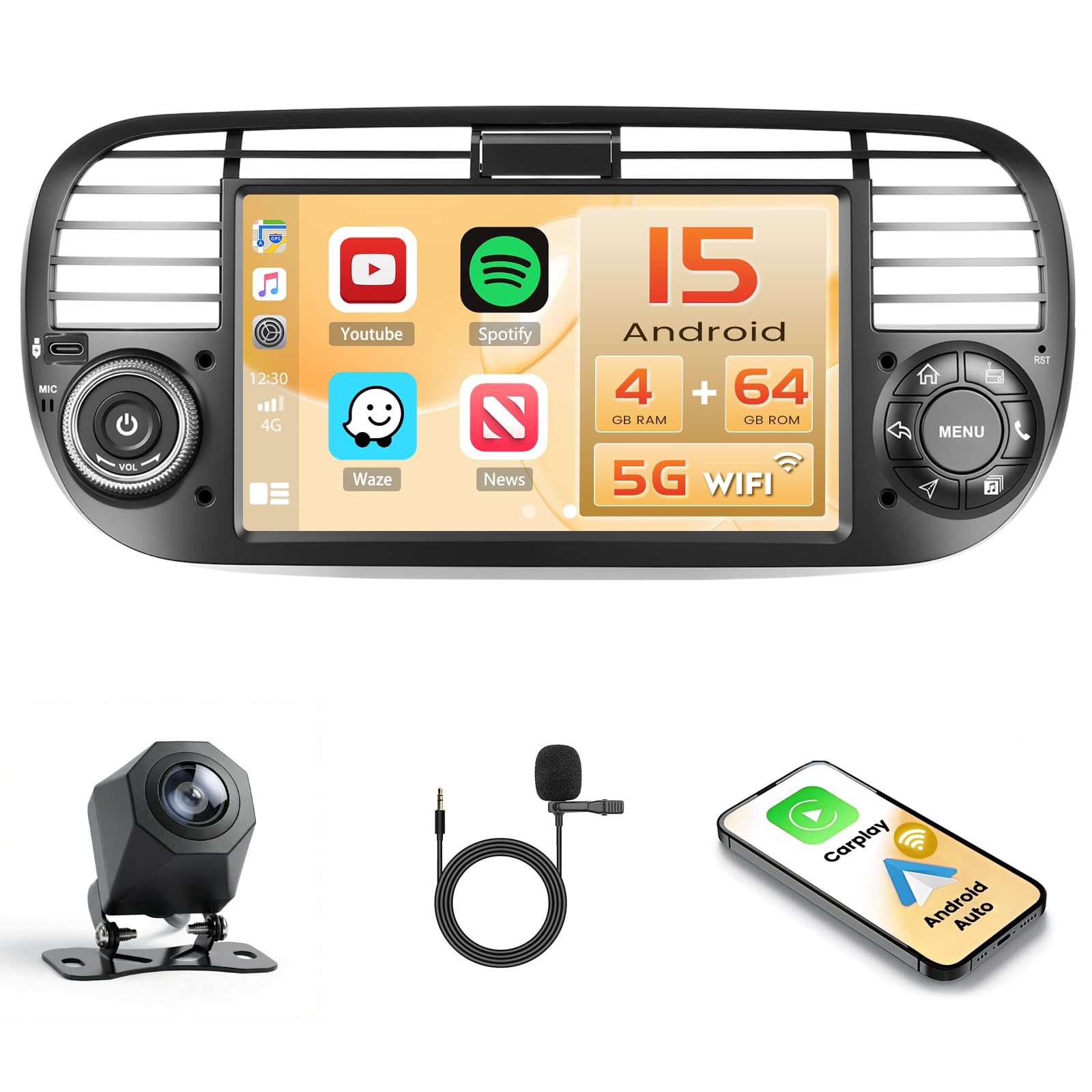 Radio samochodowe Android 15 4+64 GB dla FIAT 500 2007-2015 z ekranem dotykowym 7 Zoll IPS, radio samochodowe 2DIN z bezprzewodowym odtwarzaczem Carplay Android Auto, FM/RDS Radio BT GPS WiFi