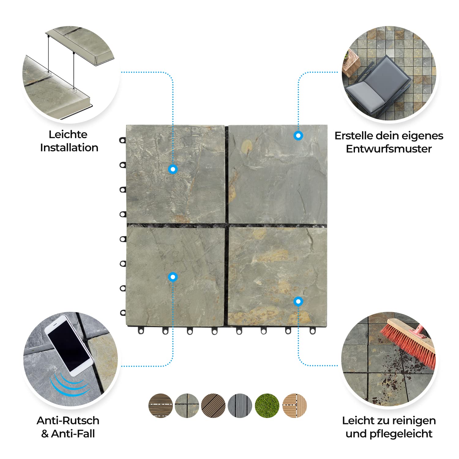 Floordirekt Natuursteen leistenen tegels, 30 x 30 cm, 2 m² = 22 terrastegels, kliktegels, balkontegels - vloerbedekking voor balkon en terras - weerbestendig, met drainagefunctie | roestachtige