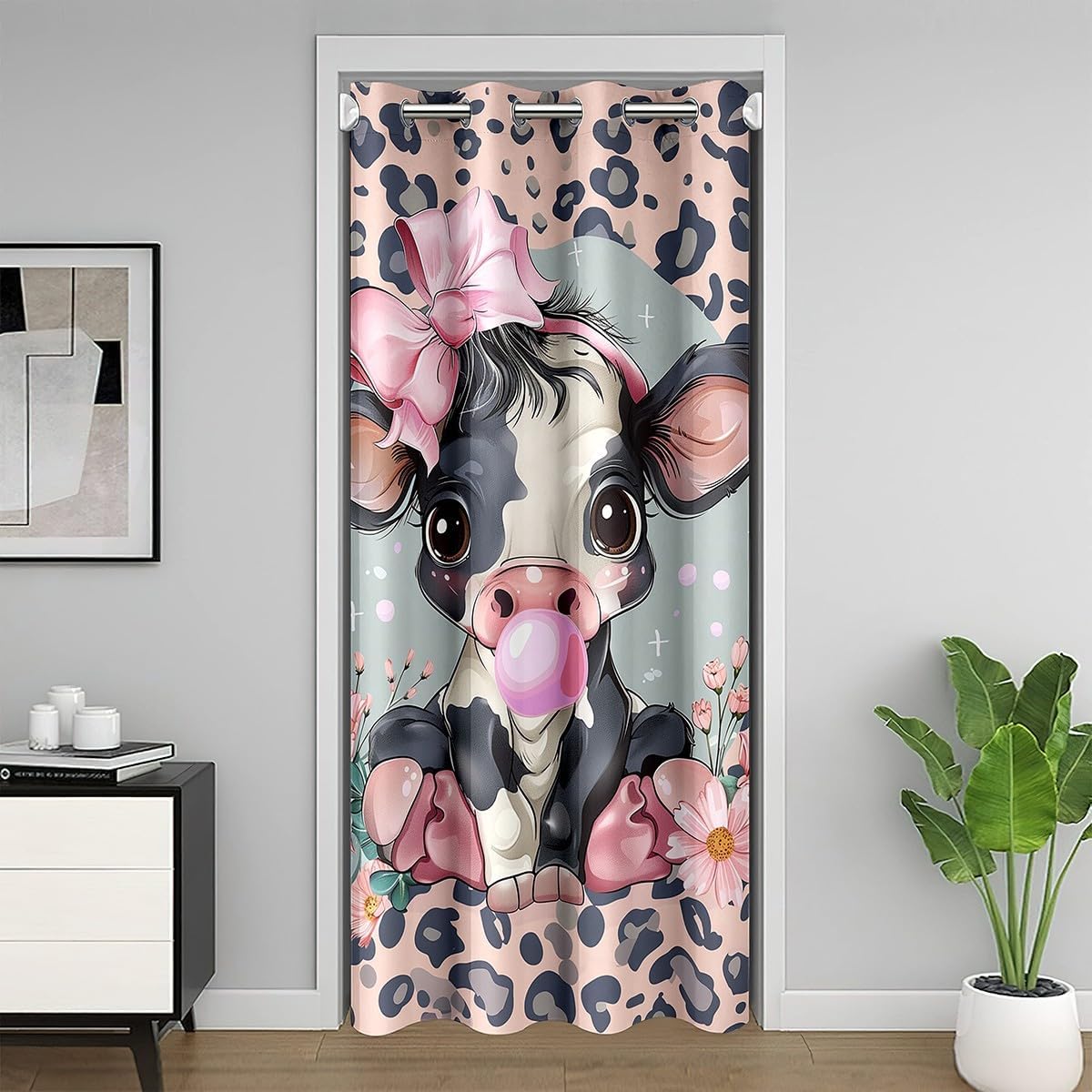Cartoon Cow Door Curtain for Doorway Privacy,Cute Farm Animal Closet Door Cover Curtain for Bedroom Living Room,Pink Daisy Flowers Room Darkening Curtain Pink Gray Curtain,W52 X L80
