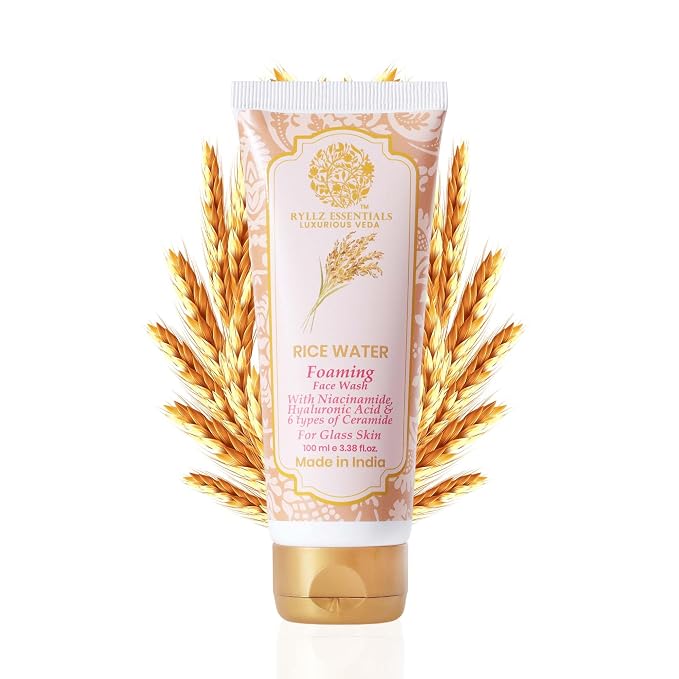 RYLLZ ESSENTIALS Rice Water Face Wash | with 5% Niacinamide, Hyaluronic Acid, Ceramide & Moringa Oil | For Glass Skin, Dark Spots, Oil Control, Open Pores, Uneven & Dull | Rice Ferment Extract | Korean Skincare | 100ml