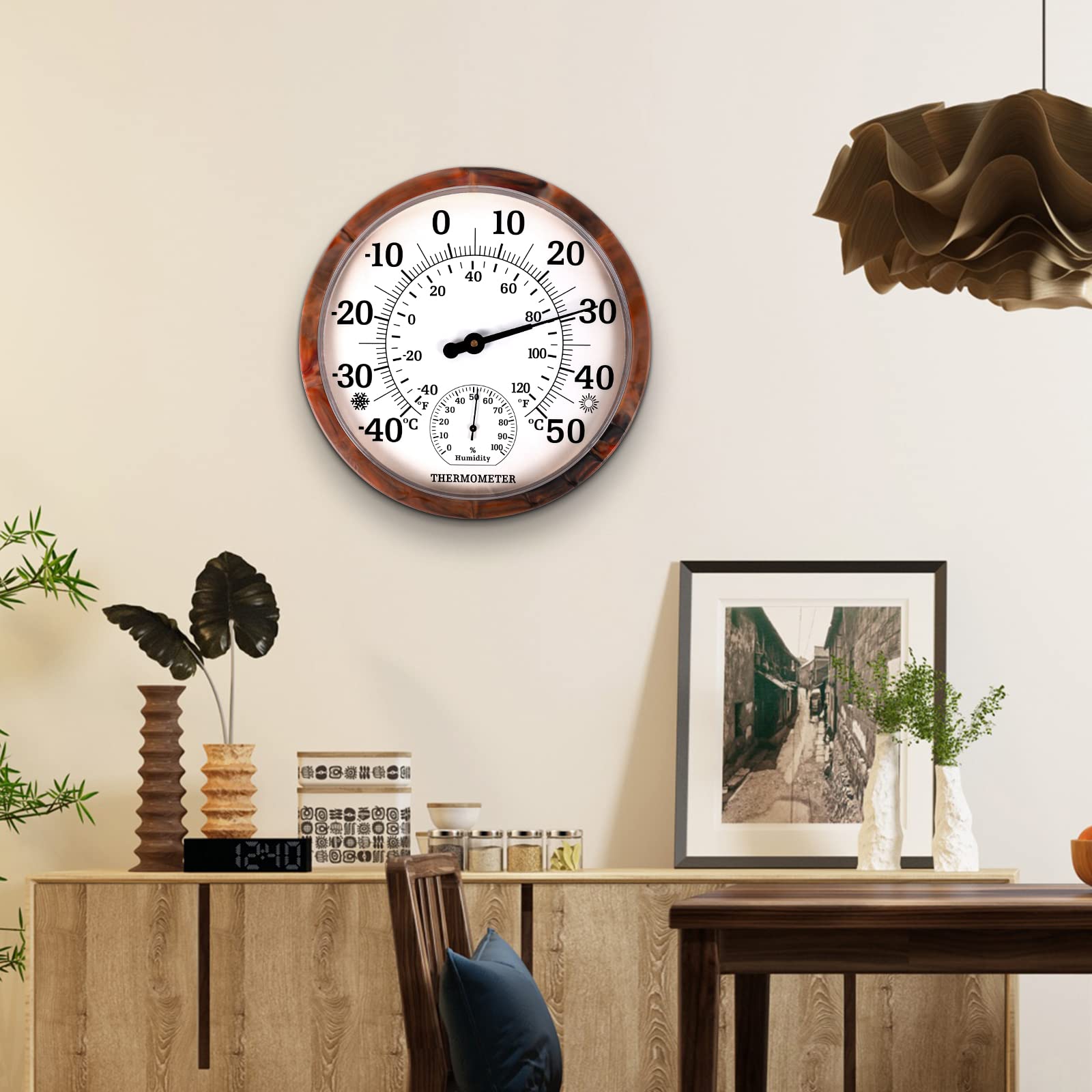 Indoor Outdoor Thermometer Hygrometer - 10 Zoll Außenthermometer Große Zahlen, 2 in 1 Thermometer Hygrometer, Außenthermometer für Terrasse (Brown)