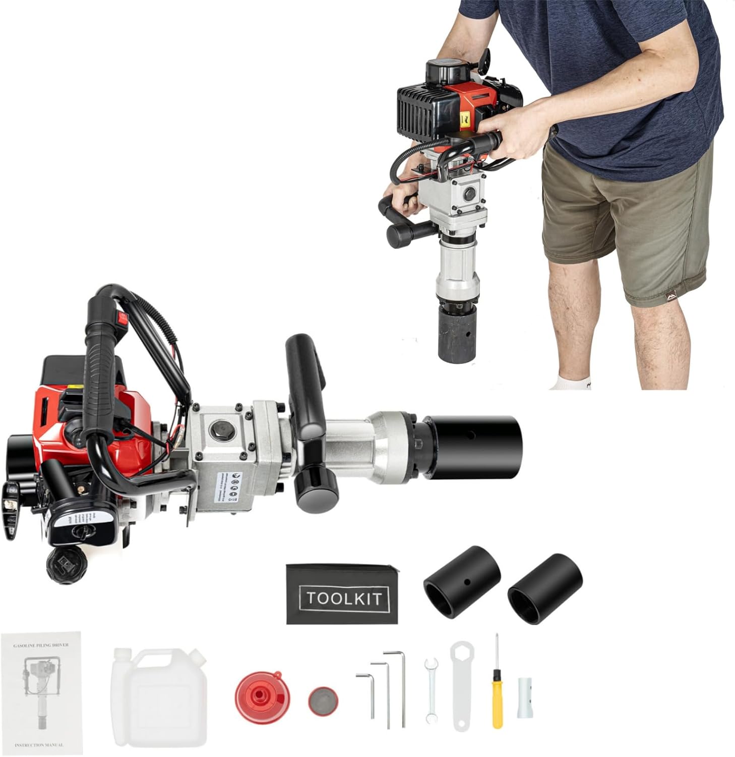 52CC Gasoline Pile Driver, T Post Driver Piledriver 2-Stroke Pile Driver 1.2HP Gas Powered Petrol Driver Portable Lightweight Pile Engine Garden Drivers Kit for Fence Star Stakes Building
