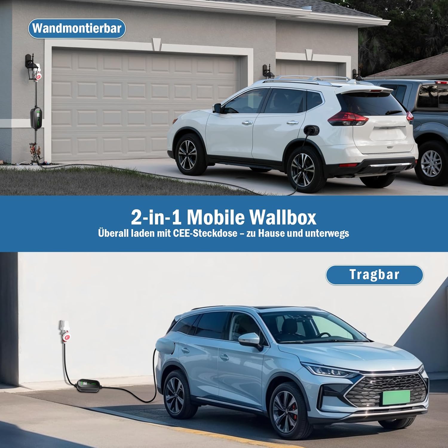 DAOLAR F097-E16A-3 EV Charger showing wall-mounted and portable configurations.