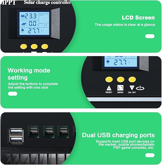 BuyWeek MPPT Charger 12V/24V/36V/48V Solar with LCD and Dual USB