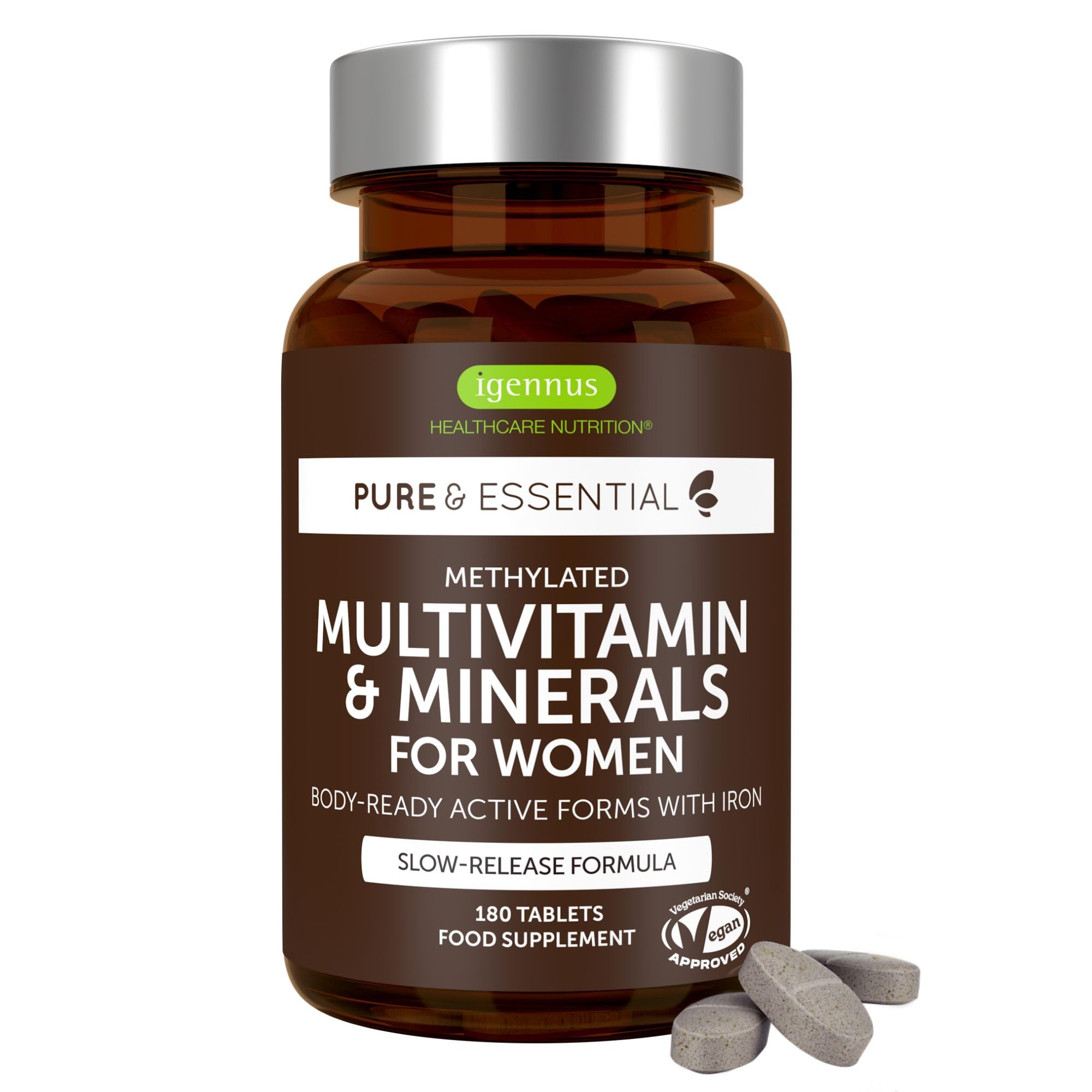 Igennus Multivitamínico Mujer con Hierro, 21 Nutrientes Activos, Puro y Limpio, Aporte de Nutrientes Durante todo el día, Vitaminas B de Alta Potencia, Fácil de Tragar, 180 compimidos Veganos,90 Dosis