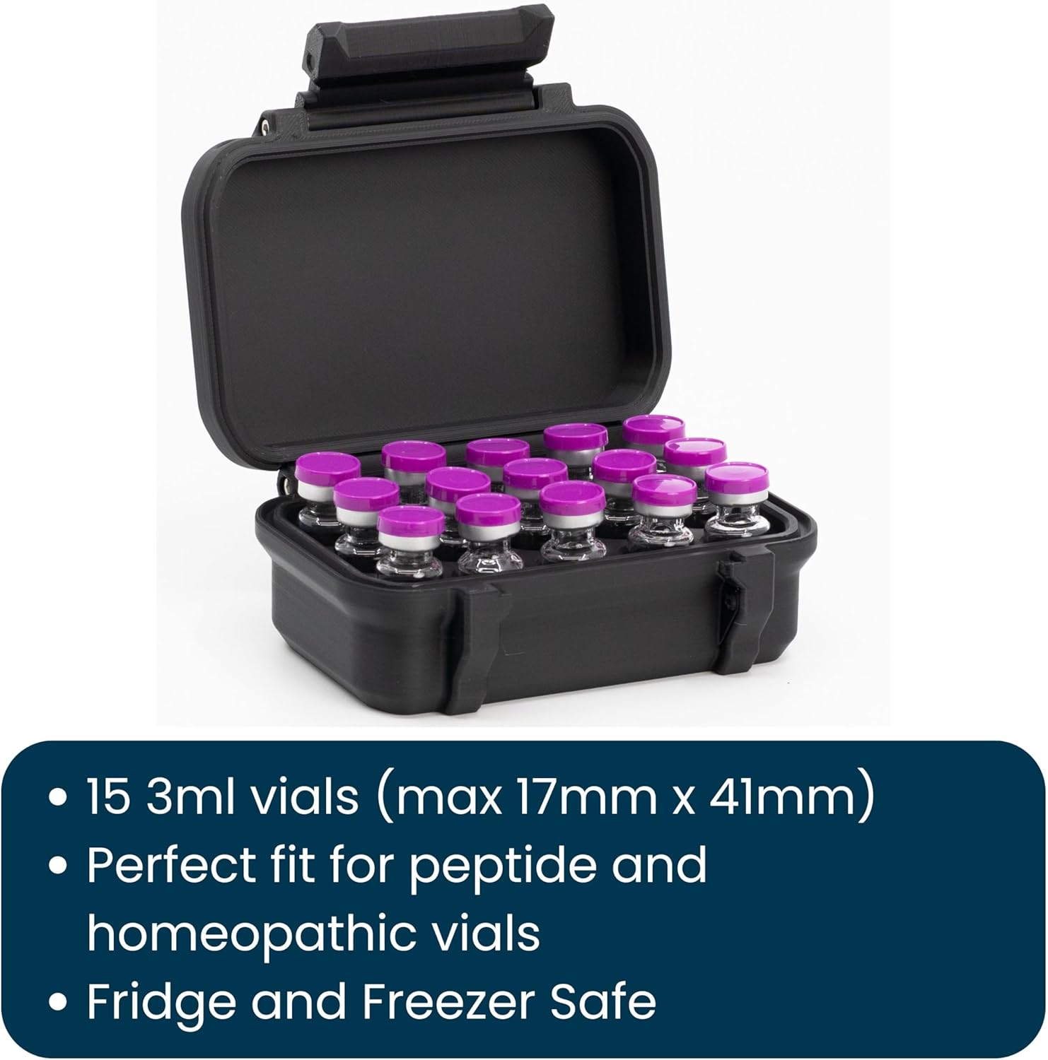 3ml 15 Vial Case for Peptide Vials | Rugged Fridge and Freezer Safe Case
