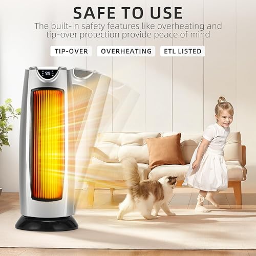 Miniatura 5 de Uthfy Calentador de espacio de 22 pulgadas para uso en interiores, 1500 W y calentamiento rápido, calentador portátil con control remoto,