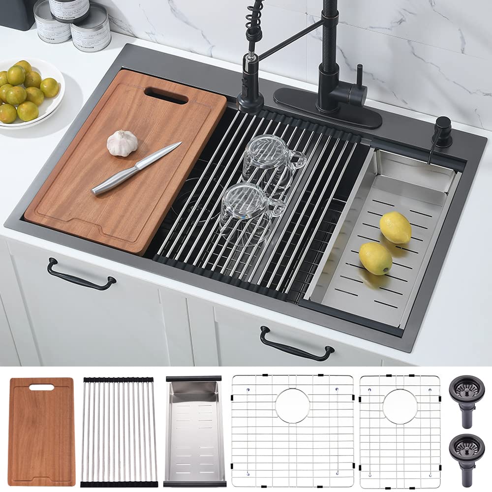 Buy 33 Inch Black Double Drop In Kitchen Sink WorkstationBokaiya 33x22