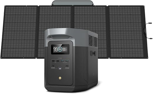 EF ECOFLOW - Gerador Solar 220V DELTA 2 Max 2048Wh com Painel Solar de 400W, Bateria LFP, Estação de Energia Portátil com Saída AC de até 3400W, Carregamento Rápido (0-80% em 43 Minutos)