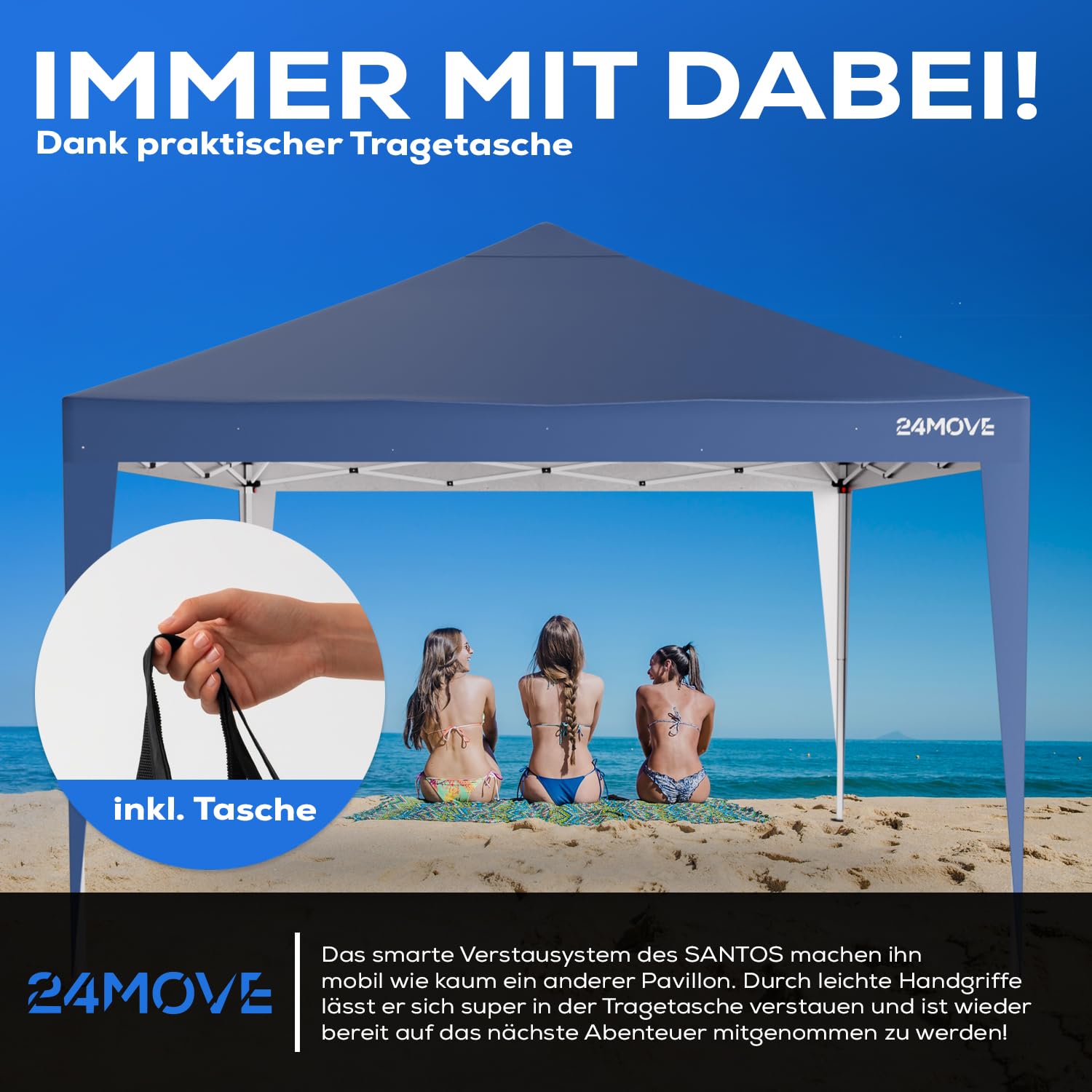 24MOVE® Pavillon Santos 3x3m Pop-Up UV-Schutz 50+ Wasserdicht & Winterfest mit Tasche faltbar & stabil, für Camping & Garten Faltpavillon - Partyzelt Blau